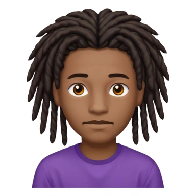 black teen with black dreads in a middle part with brown eyes and a small mustache and purple shirt sticker