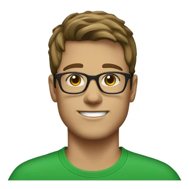 white young man with brown hair and square glasses wearing green t-shirt with laptop sticker
