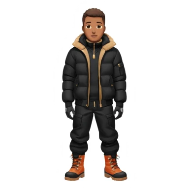 Handsome Black grown man with brown skin tone, wear black joggers, a black bubble coat, and buckwheat timberland boots, and black gloves sticker