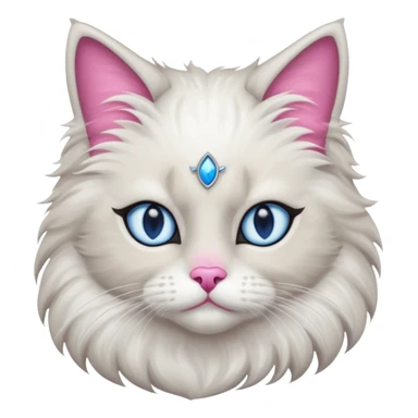 Neva masquerade cat, very fluffy, gray and white, with blue eyes and pink nose sticker