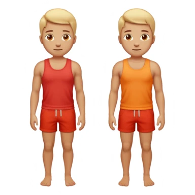 Emoji-style person standing in beach shorts, skin visibly sunburned and red on arms, legs, and face, but chest and shoulders clearly lighter with tank top tan lines. Expression shows mild pain or discomfort, cute rounded emoji design, soft 3D shading, vibrant colors sticker