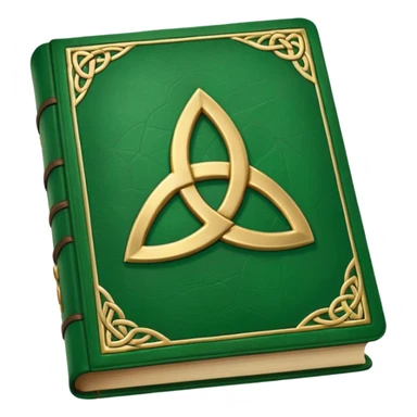 a green closed book with a golden triquetra sticker