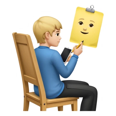 Memoji sitting on a chair from behind (pnly hair and back of the chair shown) writing on a sticky note  sticker