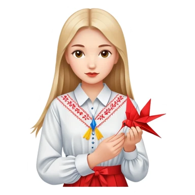 Ukrainian young girl in traditional embroidered vyshyvanka shirt holding a red origami paper crane sticker