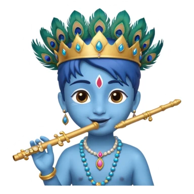 Cute young Krishna emoji, soft blue skin, peacock feather on crown, charming smile, holding a flute, big expressive eyes, round chibi emoji style, divine and joyful look." sticker