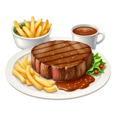 big juicy australian steak meal featuring chips, small salad in a ramiken and gravy  sticker