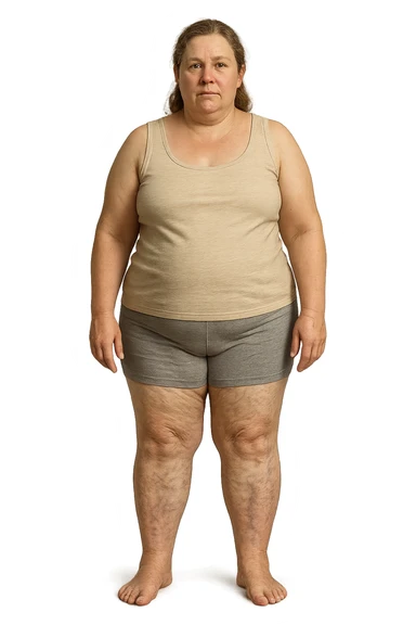 donna realistica leggermente in sovrappeso con vene visibili sulle gambe e gambe gonfie, iperrealistica 4k, IPERREALISTICA 4K sticker