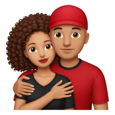 A picture of a tanned couple embracing. the guy is Mexican, with a bald hair cut and he is wearing a red shirt. the girl is mixed, the girl is wearing a black shirt, the girl has brown curly big hair and with big boobs  sticker