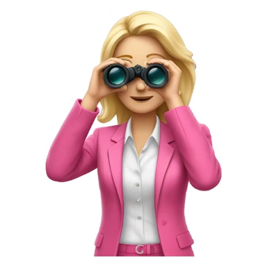 white female employee with pretty face and loose blonde hair wearing intensive color pink suit looking in binoculars sticker