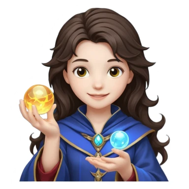 A teen brunette mage with tousled hair, holding a tiny glowing orb and smiling confidently. sticker