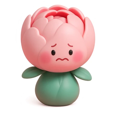 pink peony flower with a round plump body, blushing cheeks, nervous expression, vinyl figure style sticker
