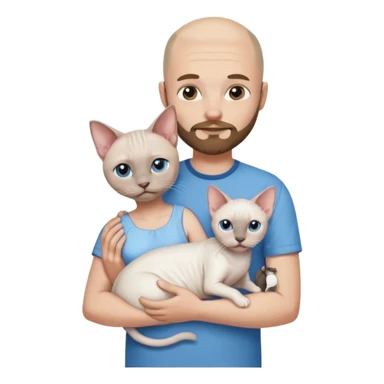 A couple a man and a woman. The man  is bald with a tiny beard and wearing a blue shirt, is holding a Siamese cat in his arms. The woman, who has light hair and is wearing a white dress, is holding a white Sphynx cat in her arms sticker