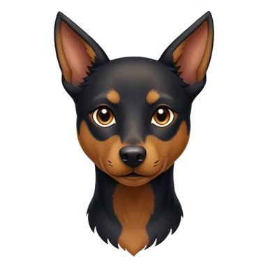 Cinematic Noble Black and Tan Kelpie Portrait Emoji, Poised and regal, with a strong, agile build and a glossy, well-groomed Fur of deep black and tan accents, piercing dark eyes, Simplified yet sharp and sophisticated features, highly detailed, glowing with a soft, dignified glow, high shine, intelligent and energetic, stylized with an air of determination, focused and attentive, soft glowing outline, capturing the essence of a watchful and confident herder, so majestic it feels as though it could bound out of the screen with effortless authority! sticker