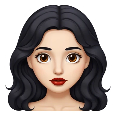 Woman with wavy long black hair, arched medium brown eyebrows, brown eyes, reddish lips, mole on the lip  sticker