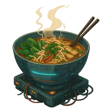 cyberpunk futuristic, scifi, a bowl of delicious VEGAN pho, ramen, piping hot sticker