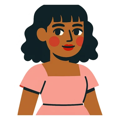 personagem de pele parda, cabelos cacheados pretos de comprimento médio com franja, olhos castanhos, maquiagem de boneca, vestido rosa claro sticker