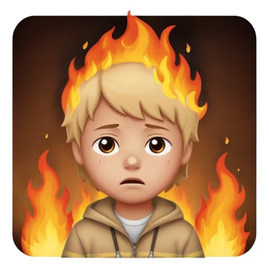 small child sitting sad with flames and burning street behind sticker