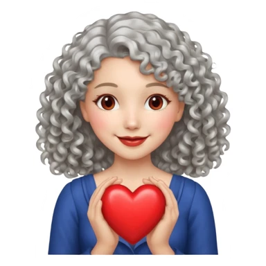 silvery curly/wavy shoulder-length hair smiling lady holding a heart sticker