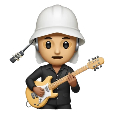 A quirky emoji-style character of a guitarist wearing a white bucket on his head, with two eye holes, a blank expression, and a small theatrical mask on the bucket. He’s holding an electric guitar, dressed in a simple black outfit, giving off a mysterious but playful rock legend vibe. sticker
