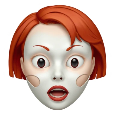 Empty mask resembling a head of a female with short red hair, hollow eye sockets and open mouth sticker