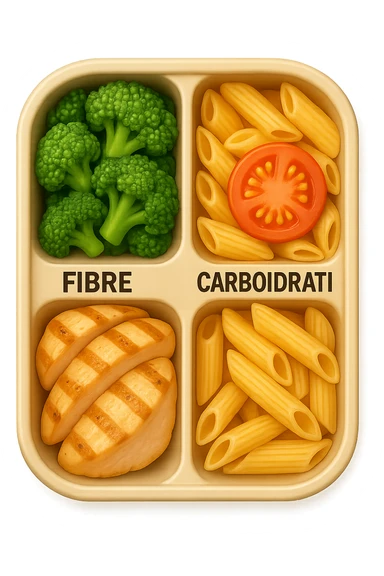 EMOJI STILE IPHONE DI una schiscetta vista dall'alto con 3 porzioni ben distinte: nelle porzioni scrivi le parole FIBRE, PROTEINE, CARBOIDRATI, iperrealistica 4k sticker