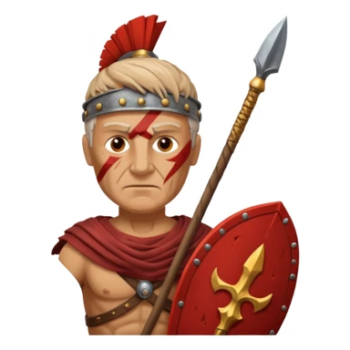 A seasoned Roman veteran with scarred armor, serious expression, gripping his spear.
 sticker