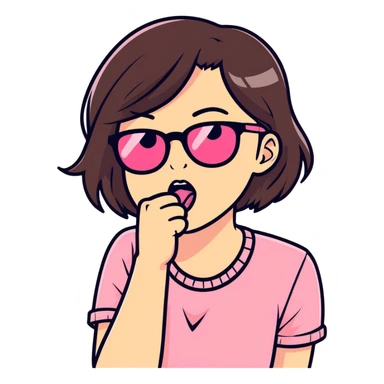 brunette with pink glasses biting fist in mouth sticker