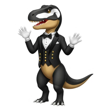 T-Rex standing upright wearing classic butler uniform with black tailcoat white gloves and bowtie 1990s emoji style sticker