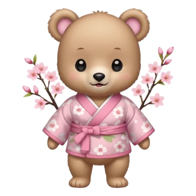 A cute baby bear character in pastel style, standing upright like a human. 
Light brown soft fur, large round ears, rounded paws and feet. 
Big cute black dot eyes, medium blush cheeks, and a tiny smiling mouth. 
Wearing a pink kimono with soft cherry blossom patterns on the sleeves and bottom,  sticker