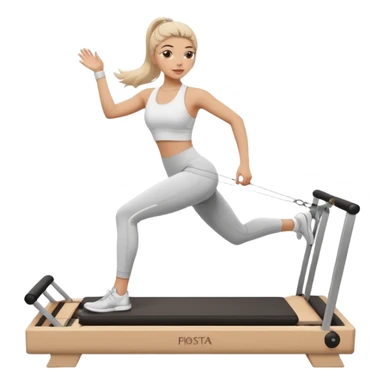 a girl doing reformer pilates, she is wearing a white fit and she has dark straight and loose hair.  sticker