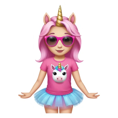 friendly anthropomorphised female unicorn in tutu and pink t-shirt, wearing dark sunglasses, relaxed pose, head and shoulders portrait sticker
