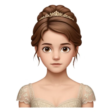Cinematic Emma Watson Realistic Rococo Portrait, depicted with lifelike skin texture, subtle rosy undertones, and soft natural lighting that enhances the gentle contours of her face. Her intricately detailed brown hair is elegantly styled in an updo, sticker