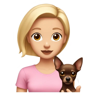 A girl with straight blonde hair with pale pink lips and brown eyes in a pink T-shirt holds a dark brown chihuahua in her hands sticker