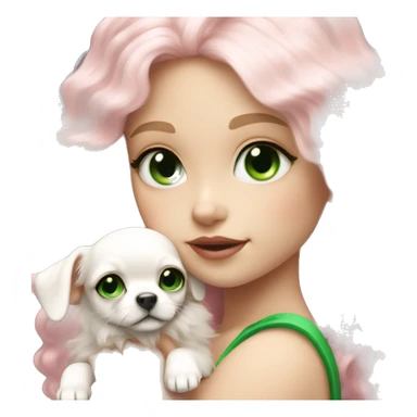 pale blond yt girl with wavy long platinum white hair with bright green eyes holding a white chihuahua puppy that wearing a pink bow sticker