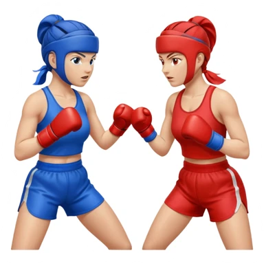two women sparring, one in blue and one in red sticker