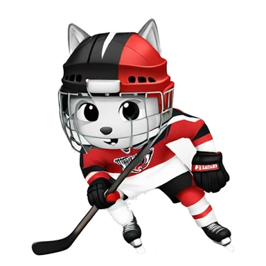 A wolf hockey player in a white red and black uniform holds a puck sticker