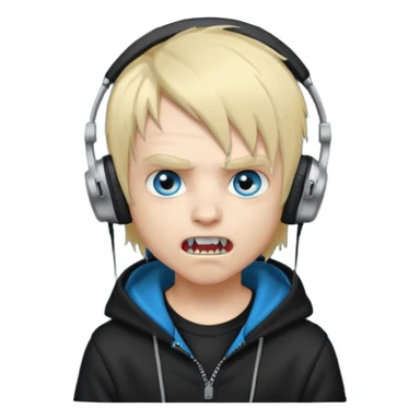 boy vampire whit blonde emo hair and eyes blue and grey skin and heandphones black AND A MICROFONE AND GOLD TEETH and agesive face and the hoodie black  sticker