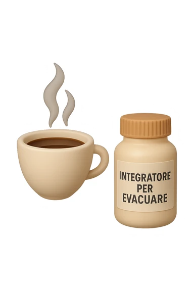 EMOJI STILE IPHONE 3D DI un caffè e di una boccetta di integratore con la scritta "INTEGRATORE PER EVACUARE" SULL'ETICHETTA CHE FLUTTUANO IN ARIA, iperrealistico 4k sticker