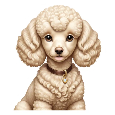 Cinematic Noble Cream Poodle Portrait Emoji, Poised and regal, with a refined, elegant build and a meticulously groomed, curly cream Fur, deep-set soulful warm eyes, Simplified yet sharp and sophisticated features, highly detailed, glowing with a soft, dignified glow, high shine, intelligent and graceful, stylized with an air of sophistication, focused and attentive, soft glowing outline, capturing the essence of a watchful and confident companion, so majestic it feels as though it could prance out of the screen with effortless authority! sticker