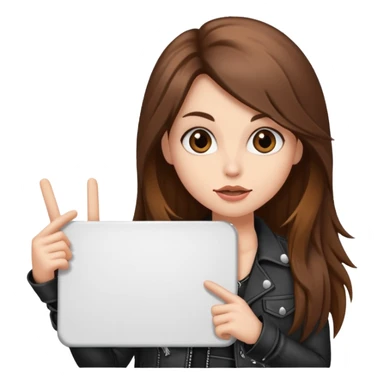 A fair skin rocker chick with long brown hair holding a large blank sign sticker