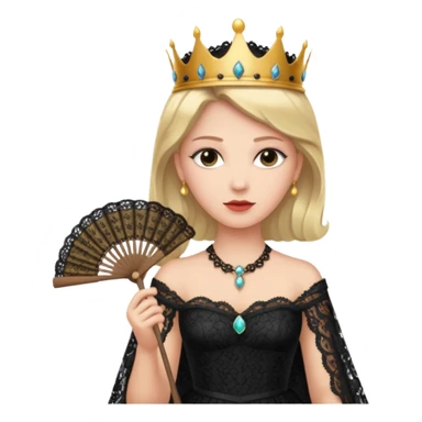 A stern queen with dark lace dress, holding a fan and observing with authority.
 sticker