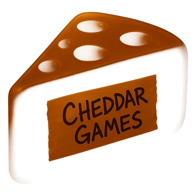 Make the cheese wedge darker while keeping it translucent and glowing. Add a piece of tape centered on the side with the text 'Cheddar Games' in messy Sharpie handwriting. Do not make it a sticker or change the cheese style. No background. sticker