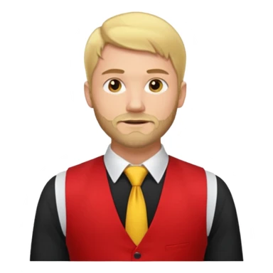 A blond man wearing a black dress shirt, red tights, and a yellow tie. A red vest over his black shirt. A blond man with dark blond hair and a short beard. His outfit consists of a black shirt, a red vest over it, and a yellow tie. sticker