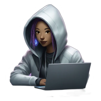 netrunner from cyberpunk with laptop in back hoodie and white skin sticker