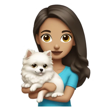 Brunette girl with light skin and Blue eyes holding a white pomeranian  sticker