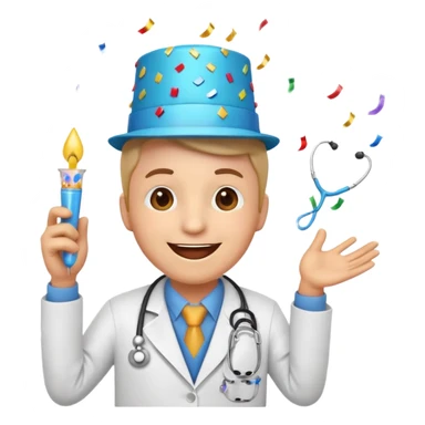 cheerful birthday emoji featuring a doctor with a stethoscope, party hat, and confetti, smiling and celebrating sticker