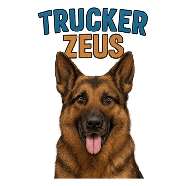 Make the German Shepherd dog more realistic with natural colors. Add color to the text 'Trucker Zeus' above the dog, keeping the text clearly visible. Maintain a transparent background with no background elements. sticker