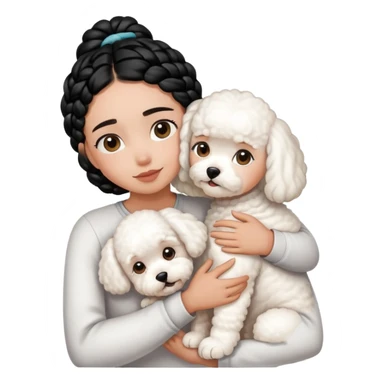 A girl with the black braids,hugging a Bichon frise sticker