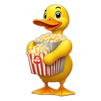 yellow cartoony duck holding bag of popcorn sticker