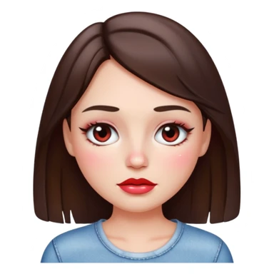“Emoji brunette girl white top, dewy skin, heavy blush across cheeks and nose bridge, glossy cherry lips, soft eyeliner, teary sparkling eyes like hanni from new jeans sticker